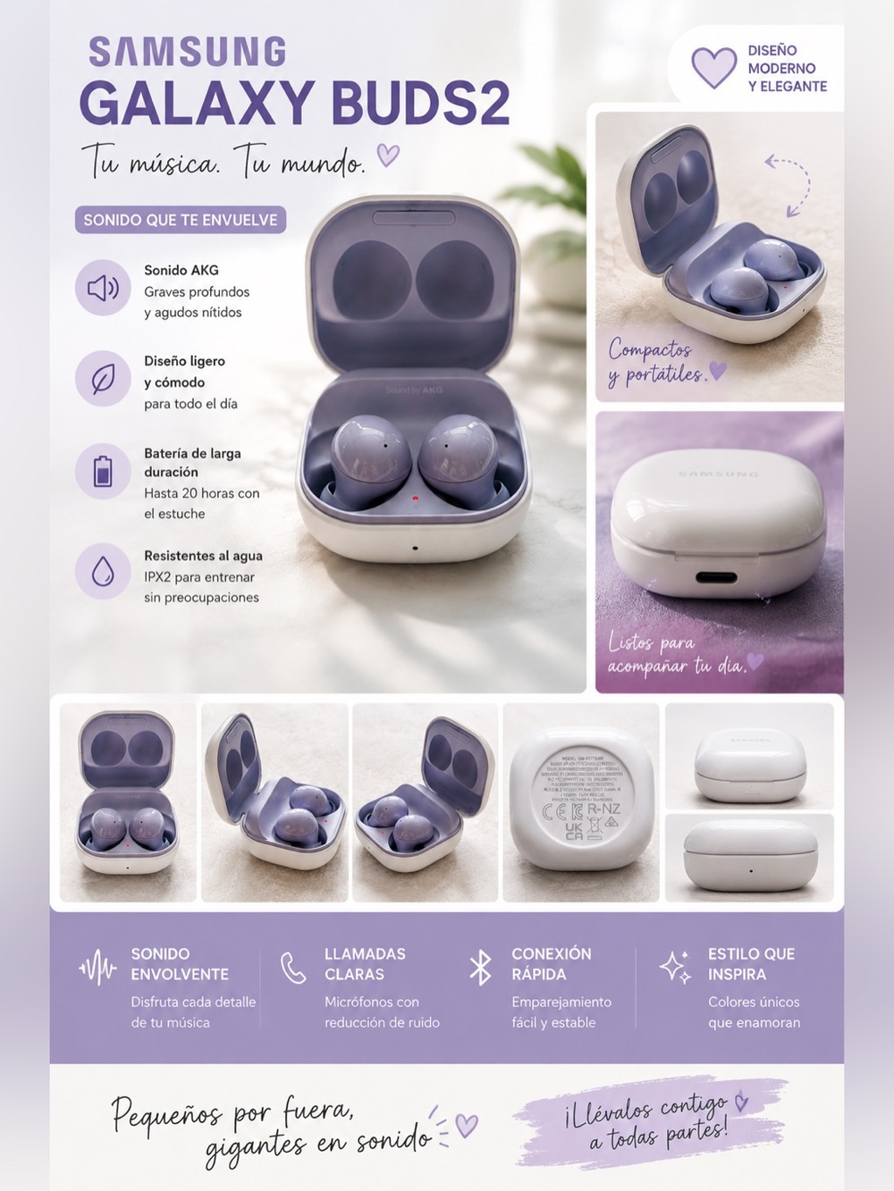 Samsung Lavender Wireless Earbuds with White Charging Case